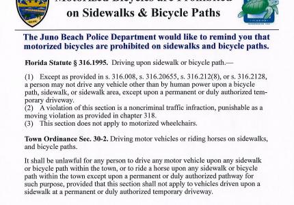 Motorized Bicycles are Prohibited on Sidewalks & Bicycle Paths Notice 