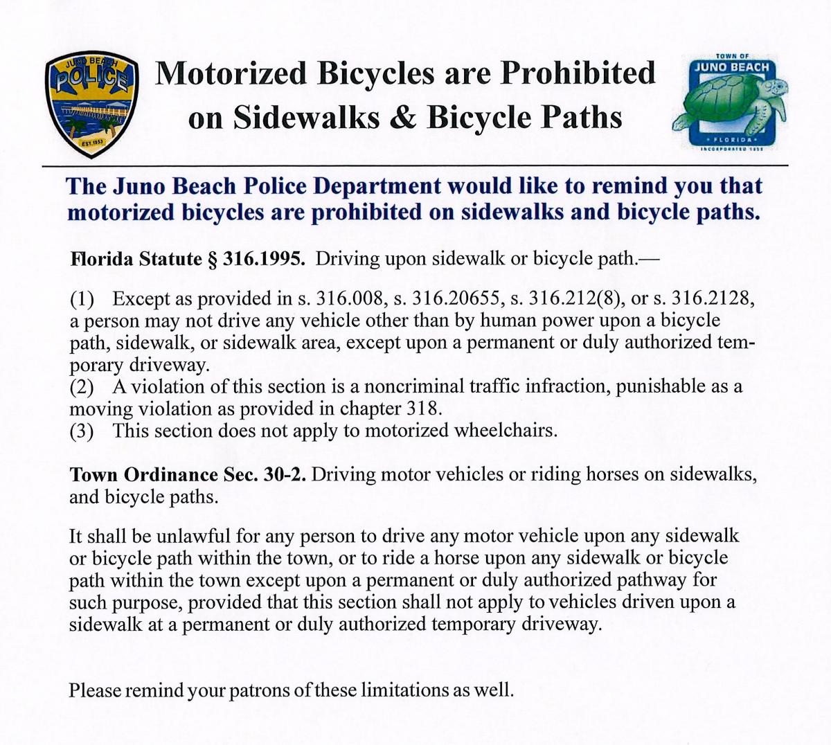 Motorized Bicycles are Prohibited on Sidewalks & Bicycle Paths Notice 